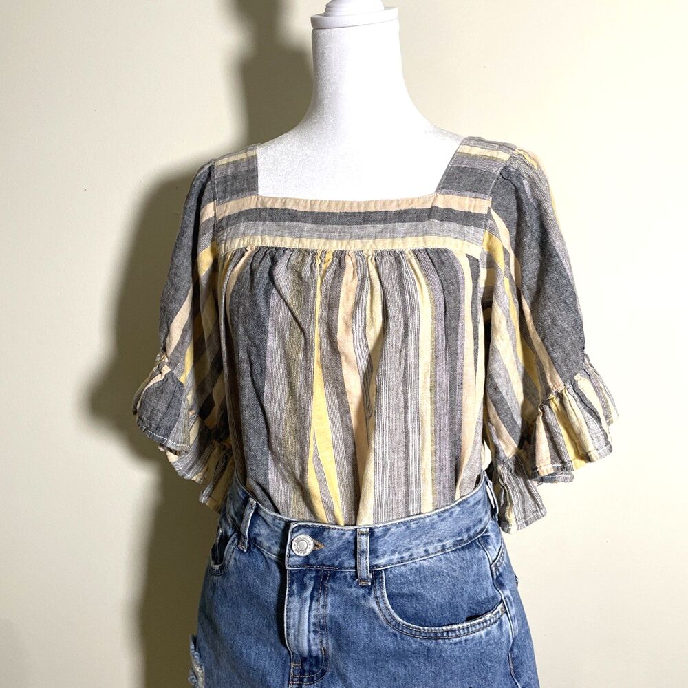 Beachlunchlounge Women's Striped Flutter Sleeve Blouse Top Medium Linen Blend